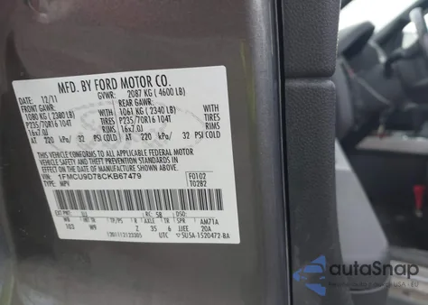 2012 Ford Escape Xlt z USA, uszkodzony, nr VIN 1FMCU9D78CKB67479